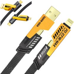 4-in-1 Fast Charging Car Cable | 65W USB-C to USB-C, USB-C to Lightning, USB-A to Lightning – Gold-Plated, Nylon Braided & Durable